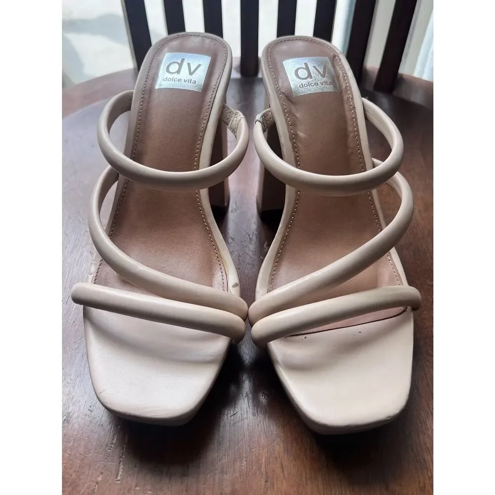 DV by Dolce Vita Pyro Beige Triple-Strap Platform Block Heel Sandals 9